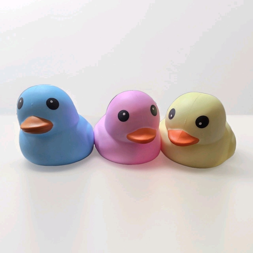 Laffy Quacks Sensory Rubber Duck Set 3 Pack Blue Pink Yellow Squishy Stretch Toy